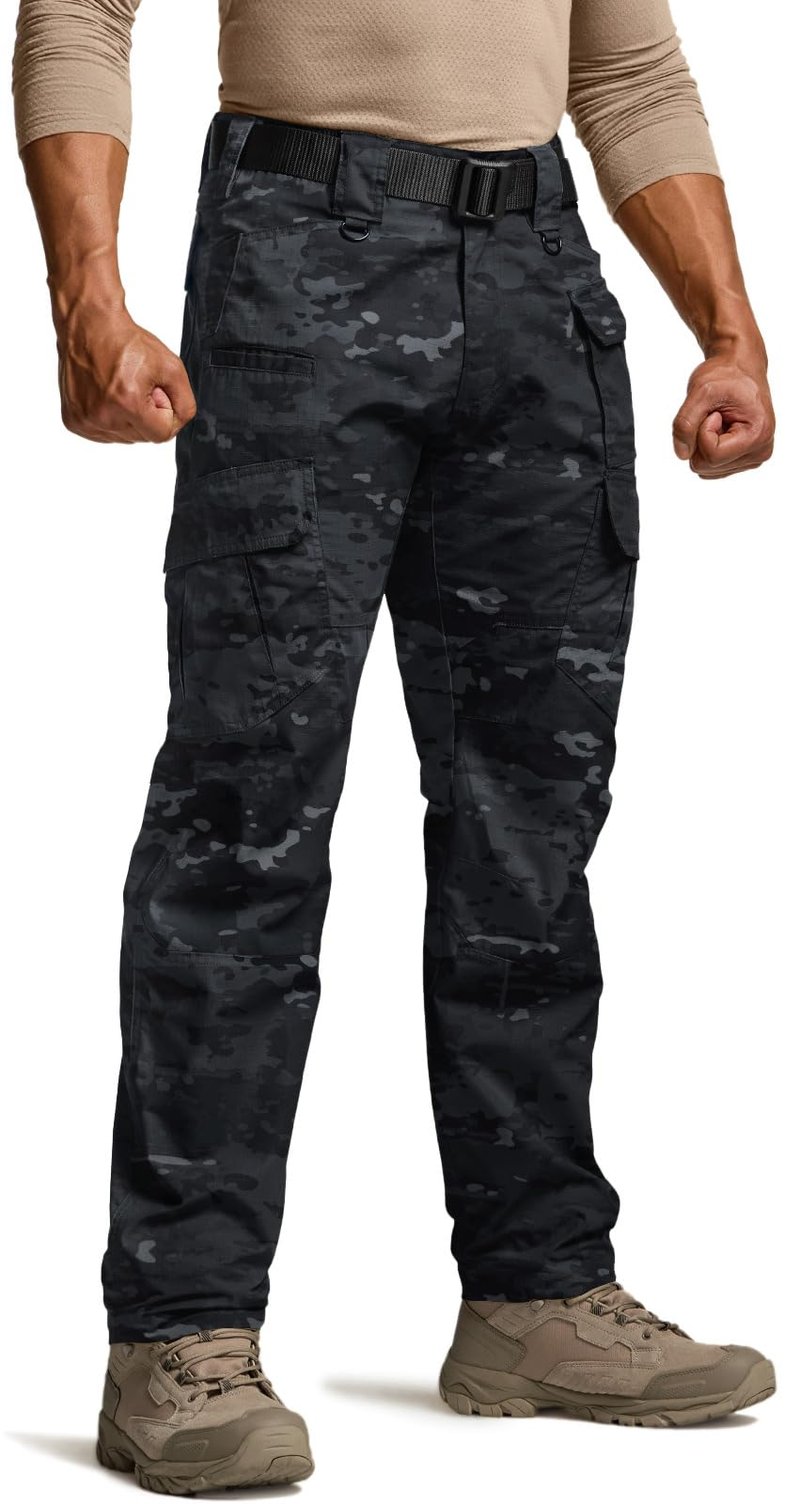 CQR Men's Tactical Pants, Water Resistant Ripstop Cargo Pants, Lightweight EDC Work Hiking Pants, Outdoor Apparel, Duratex Mag Pocket Print Utility Camo Black, 30W x 32L