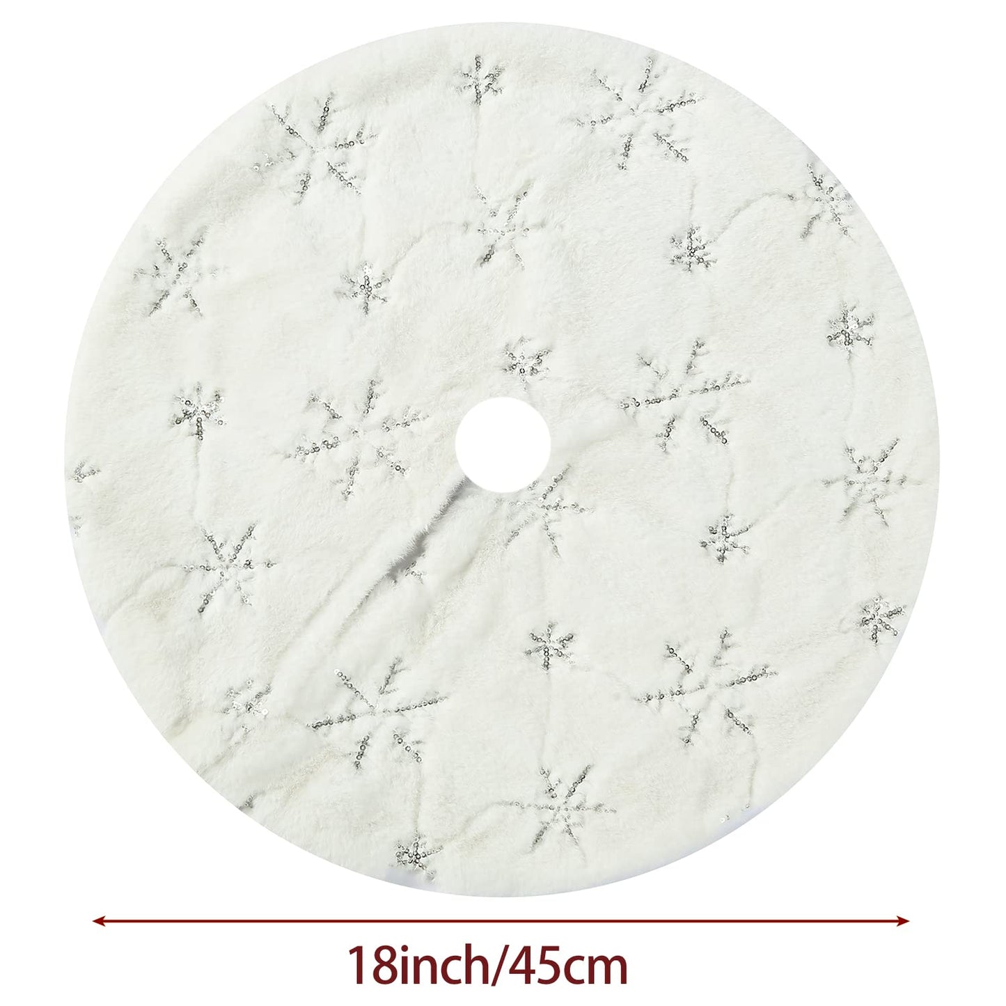 Sattiyrch Small Christmas Tree Skirt 18in, with Silver Snowflakes, Faux Fur White Xmas Tree Skirt for Christmas Tree (Silver Snowflakes, 18in)