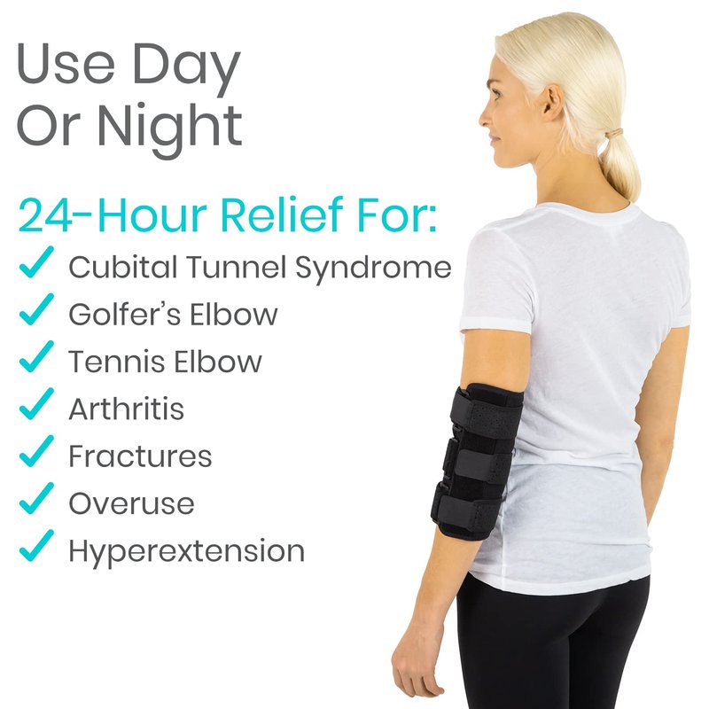 Vive Elbow Splint Brace for Tendonitis, Cubital Tunnel, Sleep Support, Tennis Elbow - 2 Removeable Splints That Stabilize Joint for Pain Relief - Arm Compression Sleeve Immobilizer for Men and Women