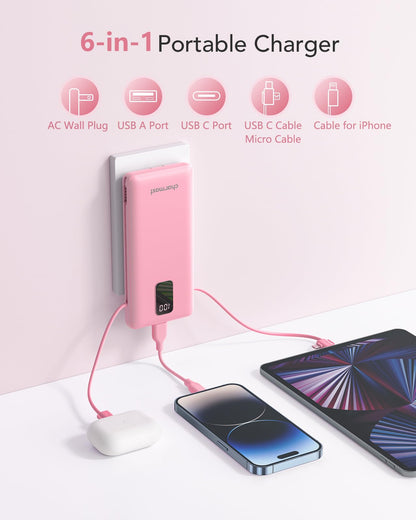 Charmast Portable Charger with Built-in Cables & Wall Plug, 10000mAh Portable Power Bank, External Battery Pack Travel Essentials Compatible with iPhone 16/15/14/13, Samsung, iPad etc