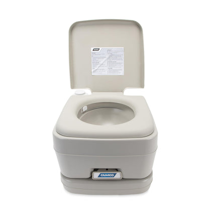 Camco 2.6-Gallon Portable Toilet - Features Detachable Holding Tank w/Sealing Slide Valve & Bellow-Type Flush - Easy Transport w/Compact Lightweight Design & Carry Handle - Gray (41531)