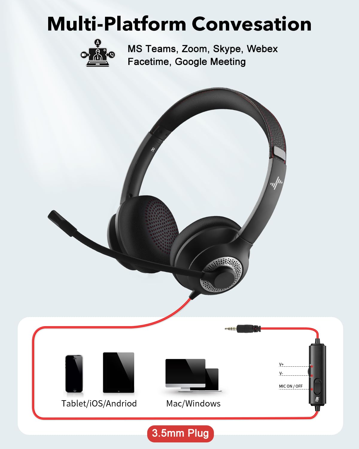 JIAMQISHI Headset with Microphone for PC Wired Headphones - 3.5mm On Ear Headsets with Noise-Cancelling Microphone for Laptop - Computer Headphones with Mic in-line Control for Home