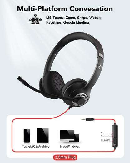 JIAMQISHI Headset with Microphone for PC Wired Headphones - 3.5mm On Ear Headsets with Noise-Cancelling Microphone for Laptop - Computer Headphones with Mic in-line Control for Home