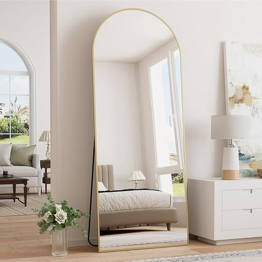 Arched Full Length Mirror, 64"x21" Free Standing Floor Mirror, Modern Full Body Mirrors with Stand, Wall Mirrors with Aluminum Alloy Frame for Bedroom,Living Room, Gold