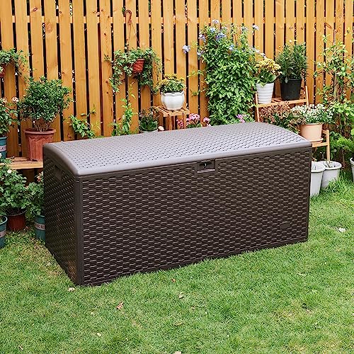 Amazon Basics Outdoor Patio Storage Box 150 Gallon Deck Box, Waterproof and Weather-resistant, Furniture Cushions Garden Tools, Brown