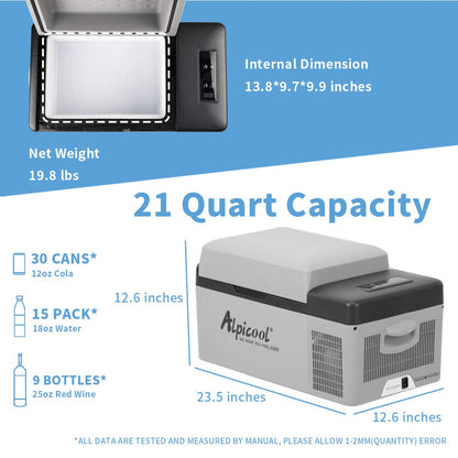 Alpicool C20 portable compressor fridge freezer 21Quart(20Liter) for car and home - 12V/24V DC and 110V AC