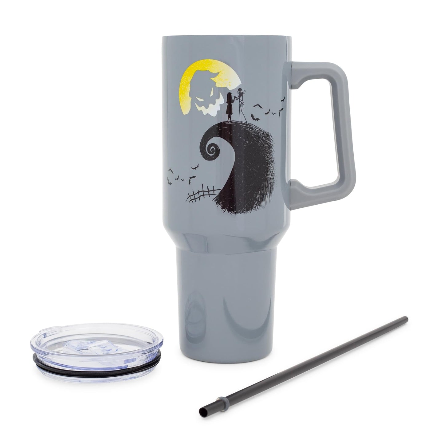 Silver Buffalo Disney Nightmare Before Christmas Featuring Oogie Boogie, Jack Skellington, and Sally Stainless Steel Tumbler with Handle and Straw, Fits in Standard Cup Holder, 40 Ounces