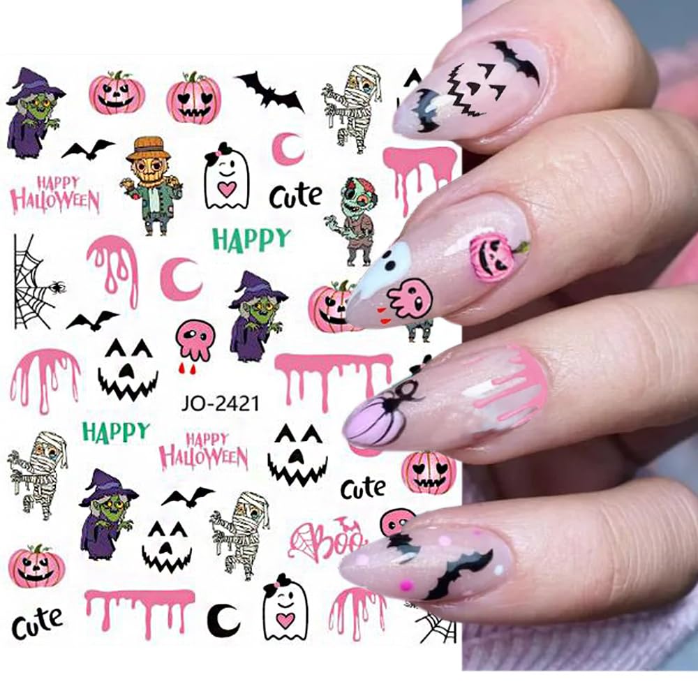 Halloween Nail Stickers, Halloween Nail Art Decals 3D Self-Adhesive Pink Ghost Skull Spider Pumpkin Nail Design DIY Holiday Nail Decoration for Party (6 Sheets)