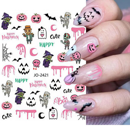 Halloween Nail Stickers, Halloween Nail Art Decals 3D Self-Adhesive Pink Ghost Skull Spider Pumpkin Nail Design DIY Holiday Nail Decoration for Party (6 Sheets)