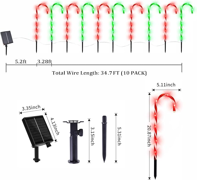 Christmas Decorations, 10 Pcs Christmas Candy Cane Lights, 21'' Solar Pathway Lights with 8 Lighting Modes, Waterproof Garden Lights for Outdoor Christmas Patio Yard Walkway Decorations(2 colors)