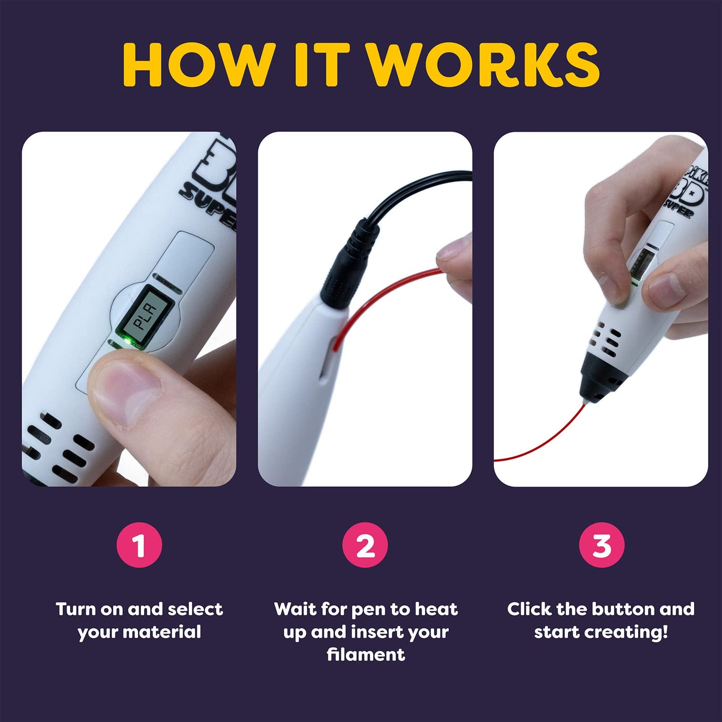 PIKA3D Super 3D PRINTING PEN - Includes 3D Pen, 4 Colors of PLA Filament Refill with Stencil Guide and User Manual, White