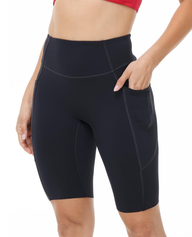 MotoRun Biker Shorts Women Tummy Control with Pockets - High Waisted Workout Shorts No Front Seam Black Yoga Short Leggings Medium