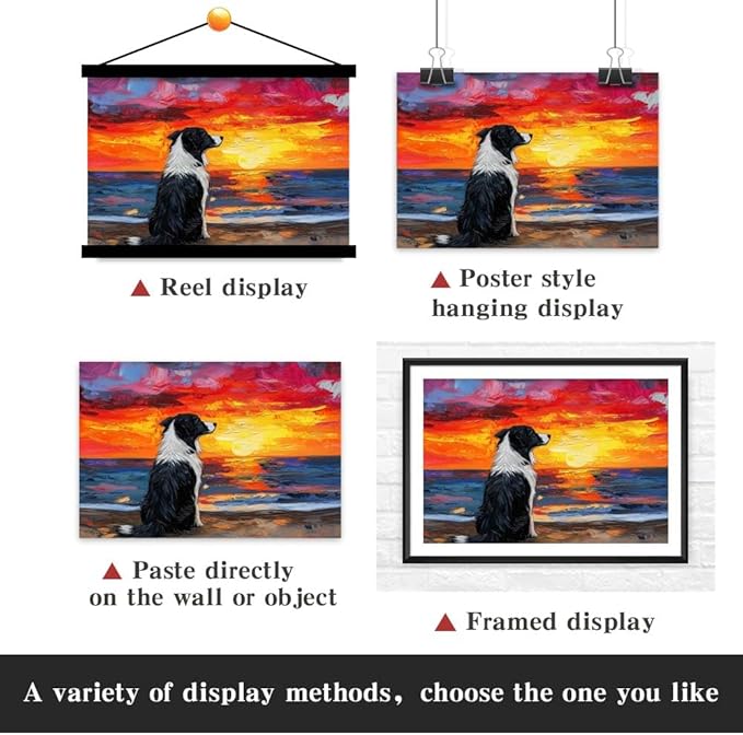 Yesad Dog Wall Art, Border Collie Painting Sunset Beach Canvas Print Impressionist Artwork Colorful Poster Pictures Gift for Dog Lover Wall Décor for Living Room Bedroom (Unframed,36”x24”, Dog1)