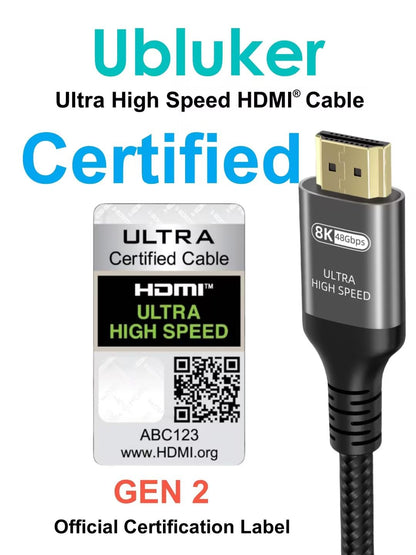 Ubluker 10K 8K 4K HDMI Cable 48Gbps 2M, Certified Ultra High Speed HDMI® Cable 4K 240Hz 144Hz 8K 60Hz 0.01ms HDR10+ ARC eARC HDCP2.3 N-etflix R-oku TV PC Monitor Projector PS5 4 X-box