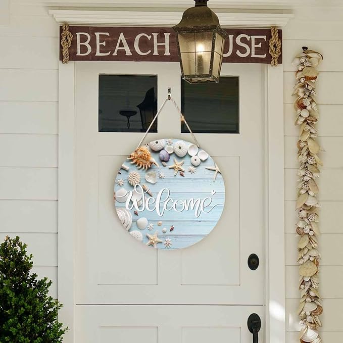 Welcome Porch Wood Sign Seashell Starfish on Blue Wooden Round Hanging Plaque Sign for Porch Yard, Housewarming Present, 12x12inch