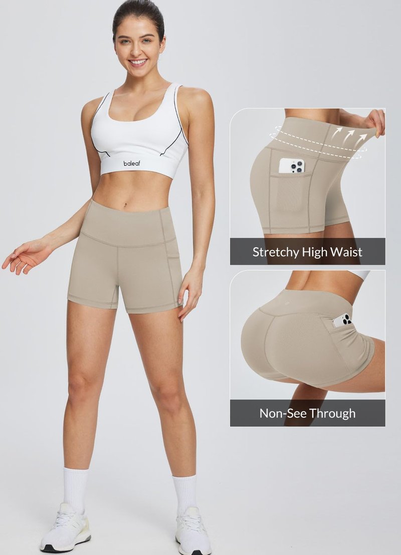 baleaf Gym Shorts Women 3" Biker Workout Yoga Spandex Running Volleyball Tummy Control Compression with Pockets Khaki XXXL