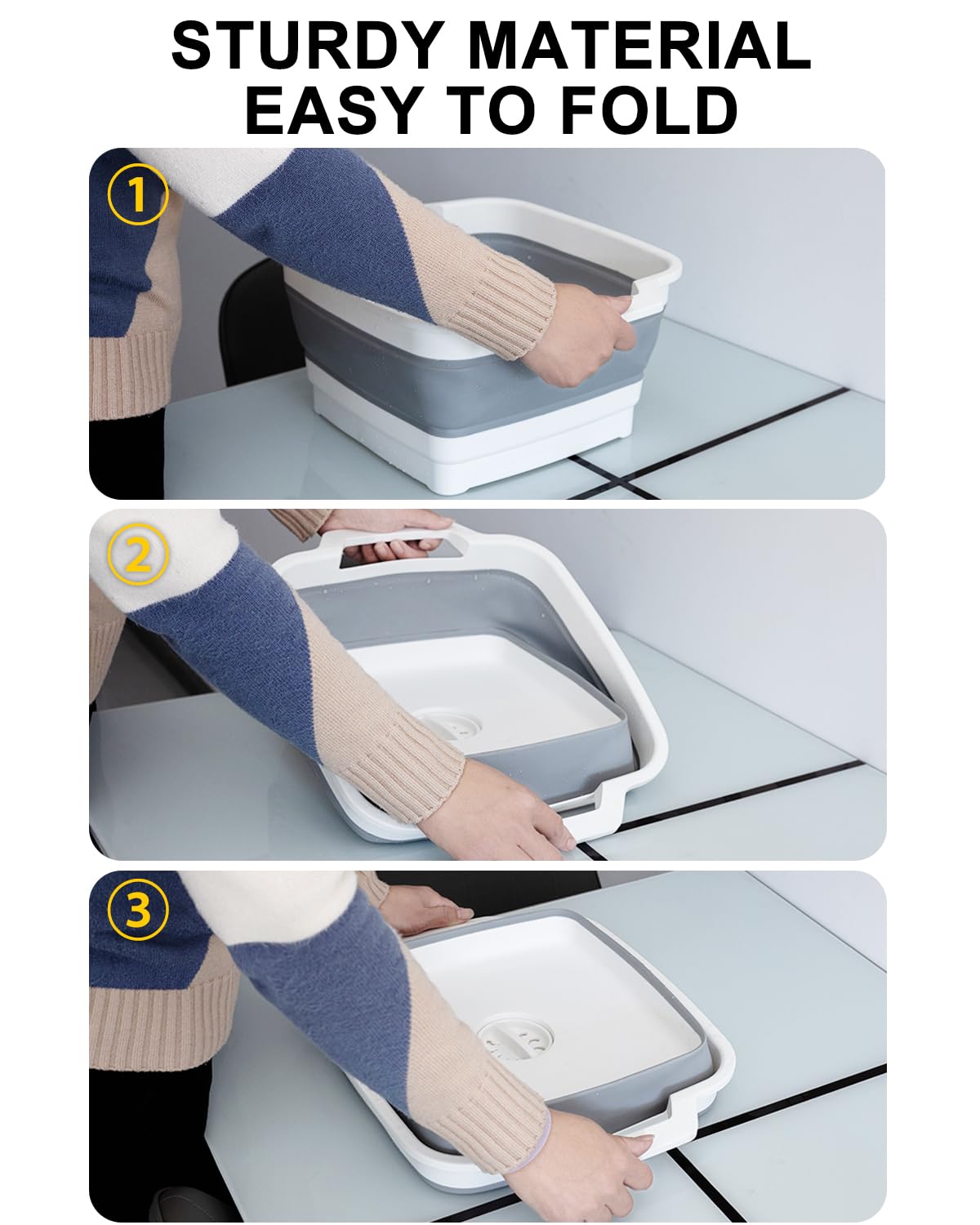 Collapsible Wash Basin with Drain Plug 9L (2.4Gal), Dishpan for Washing Dishes Basin,Collapsible Dish Tub Portable Sink for Kitchen Sink, Camping RV Washing Tub(Gray)