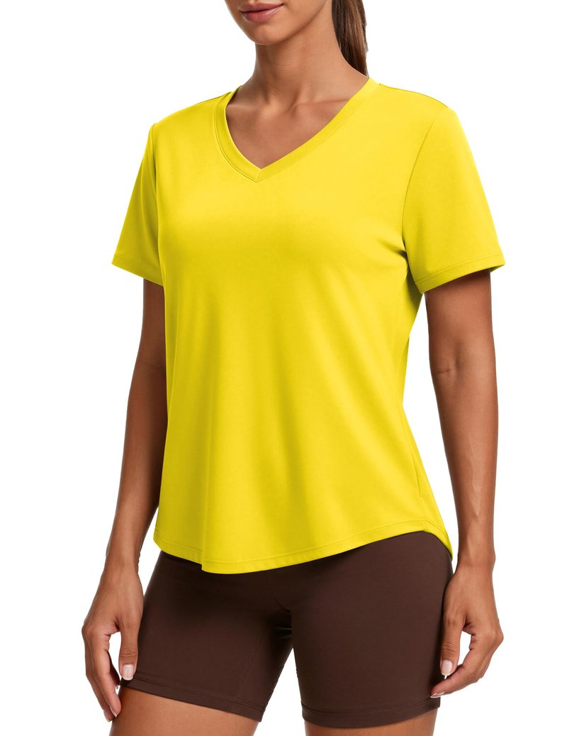 PINSPARK Womens Hiking Shirts Short Sleeve V Neck UPF 50 Sun Protection Moisture Wicking Quick Dry Outdoor Athletic Tops,Yellow Small
