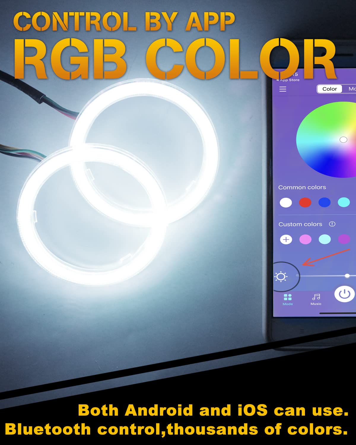 QasimLED 1-Pair 120MM 120SMD COB RGB LED Halo Ring Angel Eyes Universal for Motorcycle Car Headlight Warning Lamp with Cover Bluetooth Mobile APP Control 12V DC
