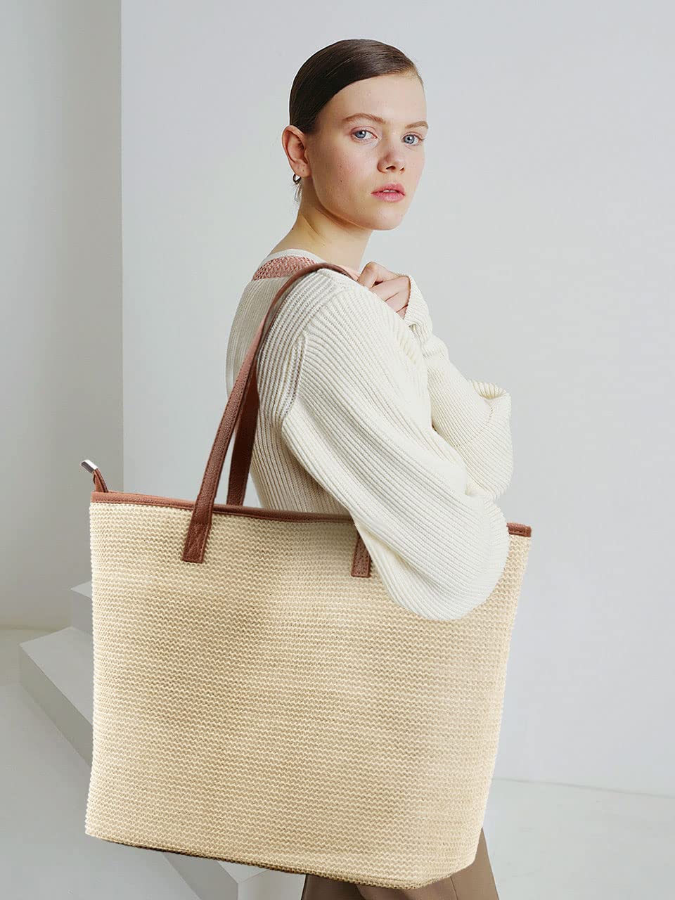 KALIDI Straw Tote Beach Bag Striped Shoulder Handbag Stitch Woven PU Leather Handle Zipper Closure Inner Pocket Travel Shopping Picnic