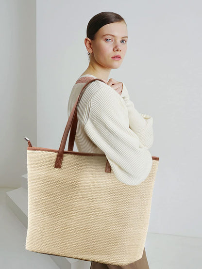 KALIDI Straw Tote Beach Bag Striped Shoulder Handbag Stitch Woven PU Leather Handle Zipper Closure Inner Pocket Travel Shopping Picnic