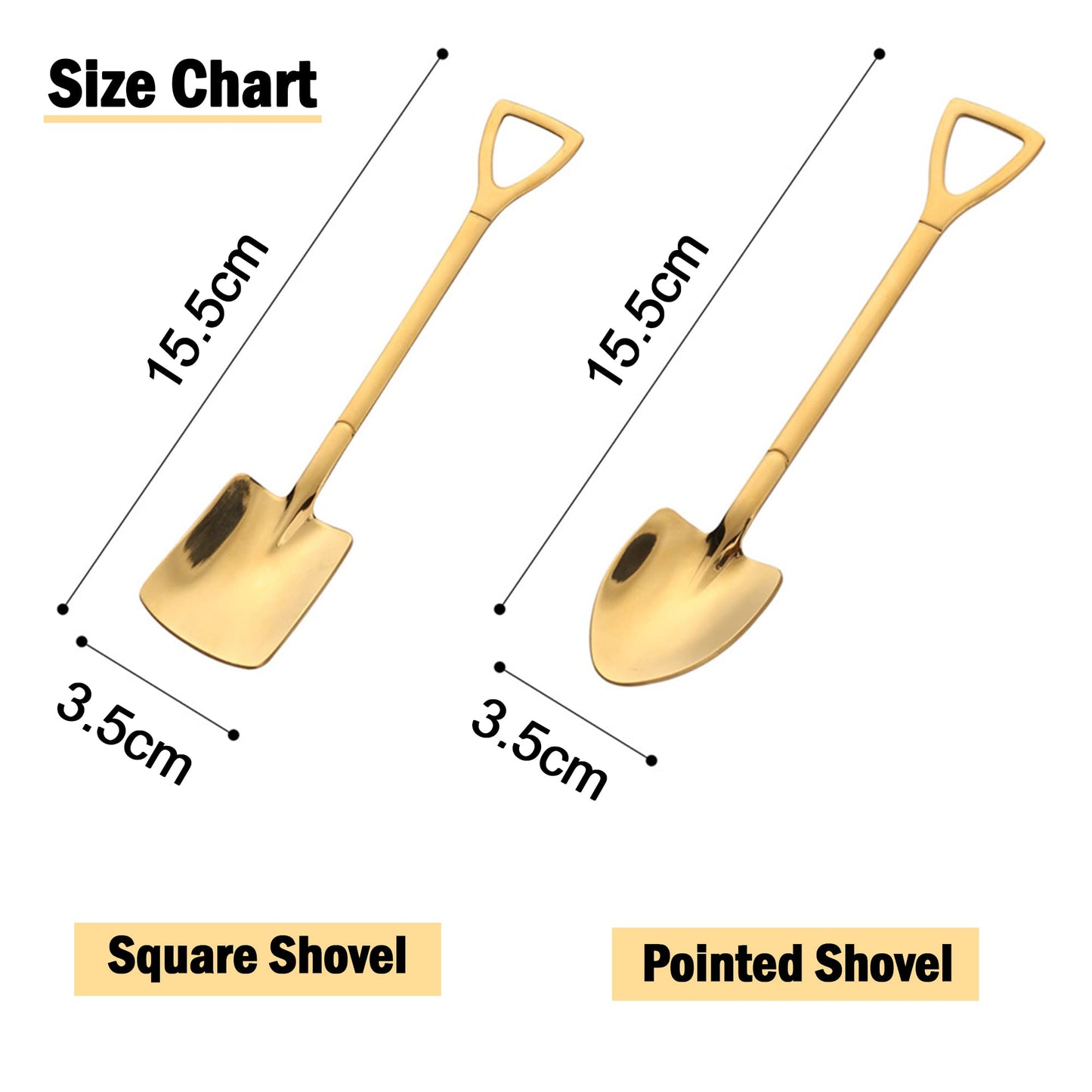 Gold Shovel Shape Spoons- 2piece Stainless Steel Spoon Long Handle Coffee Ice Cream Afternoon Teaspoon for Home Kitchen Restaurant Party（gold）