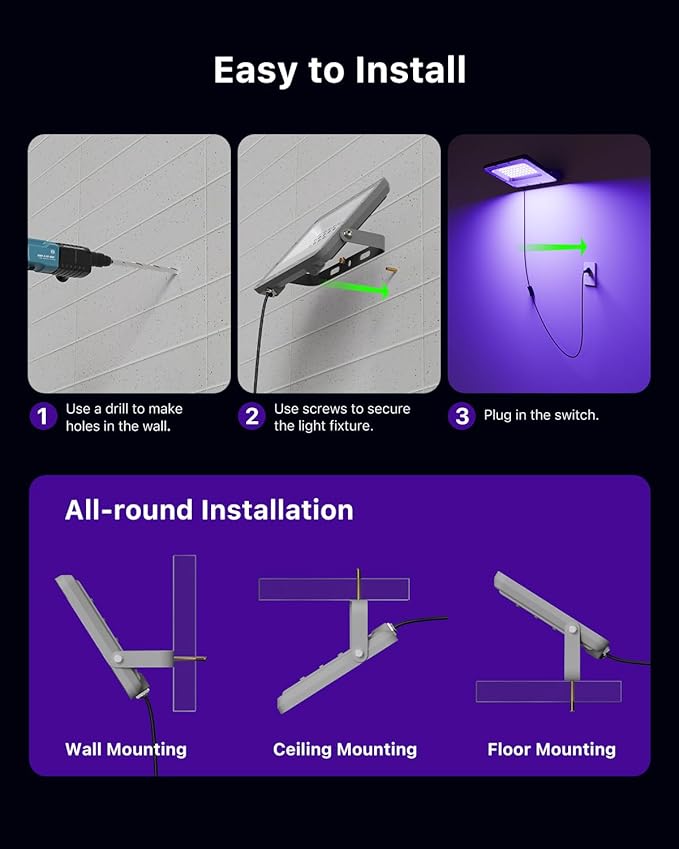 2 Pack 50W Halloween Blacklight Flood Lights Wired 120V IP66 Waterproof UV Led Black Light Use to Outdoor or Indoor for Landscape Decoration, Skeleton, Spider Web, Ghost, Tombstone, Body Paint, Party