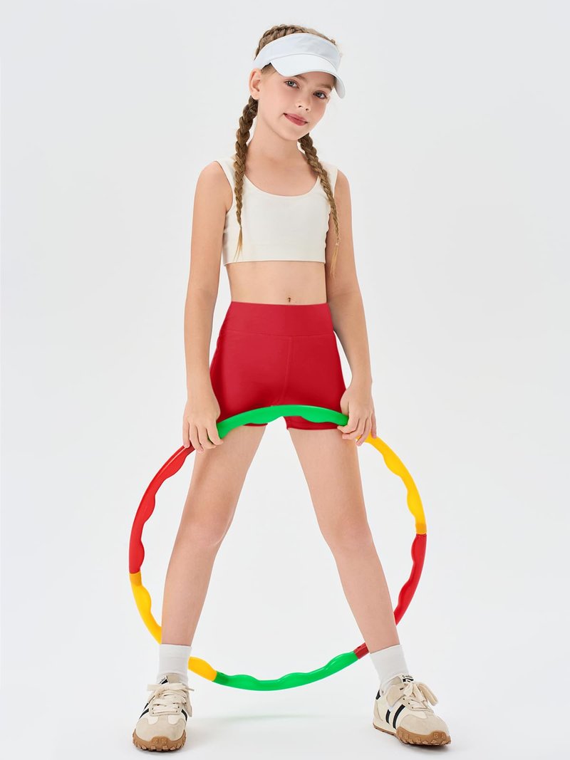 Haloumoning Girls Athletic Shorts Kids High Waisted Yoga Dance Biker Shorts Comfy Gymnastics Shorts 5-14Y Red