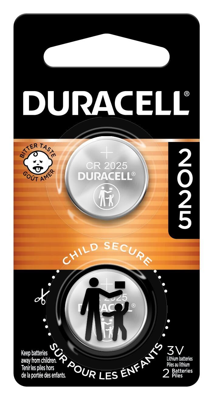 Duracell CR2025 3V Lithium Battery, Child Safety Features, 2 Count Pack, Lithium Coin Battery for Key Fob, Car Remote, Glucose Monitor, 3 Volt Cell
