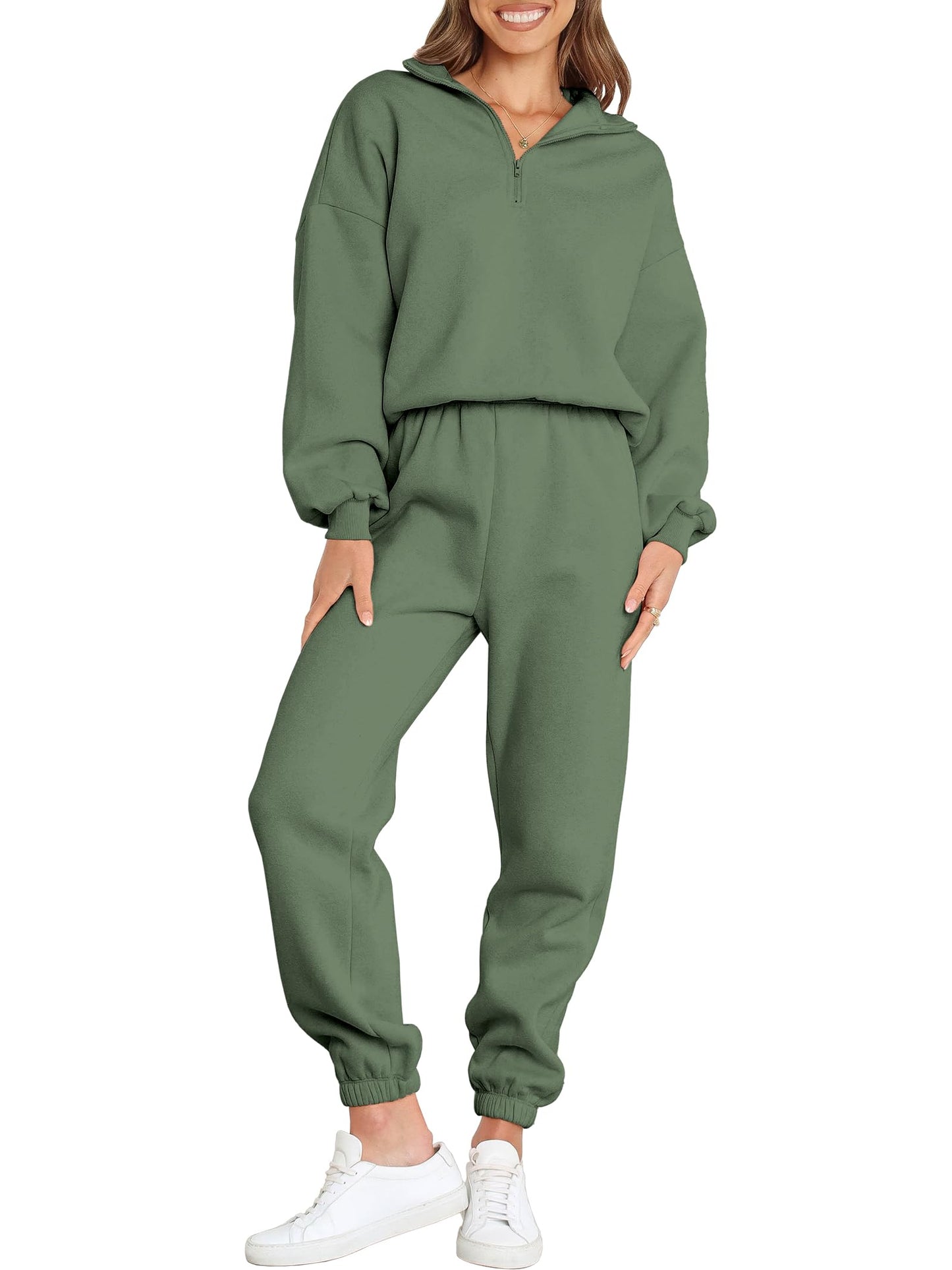 ANRABESS Women 2 Piece Outfits Sweatsuit Oversized Half Zip Sweatshirt Jogger Sweatpants Tracksuit Lounge Set 2025 Clothes