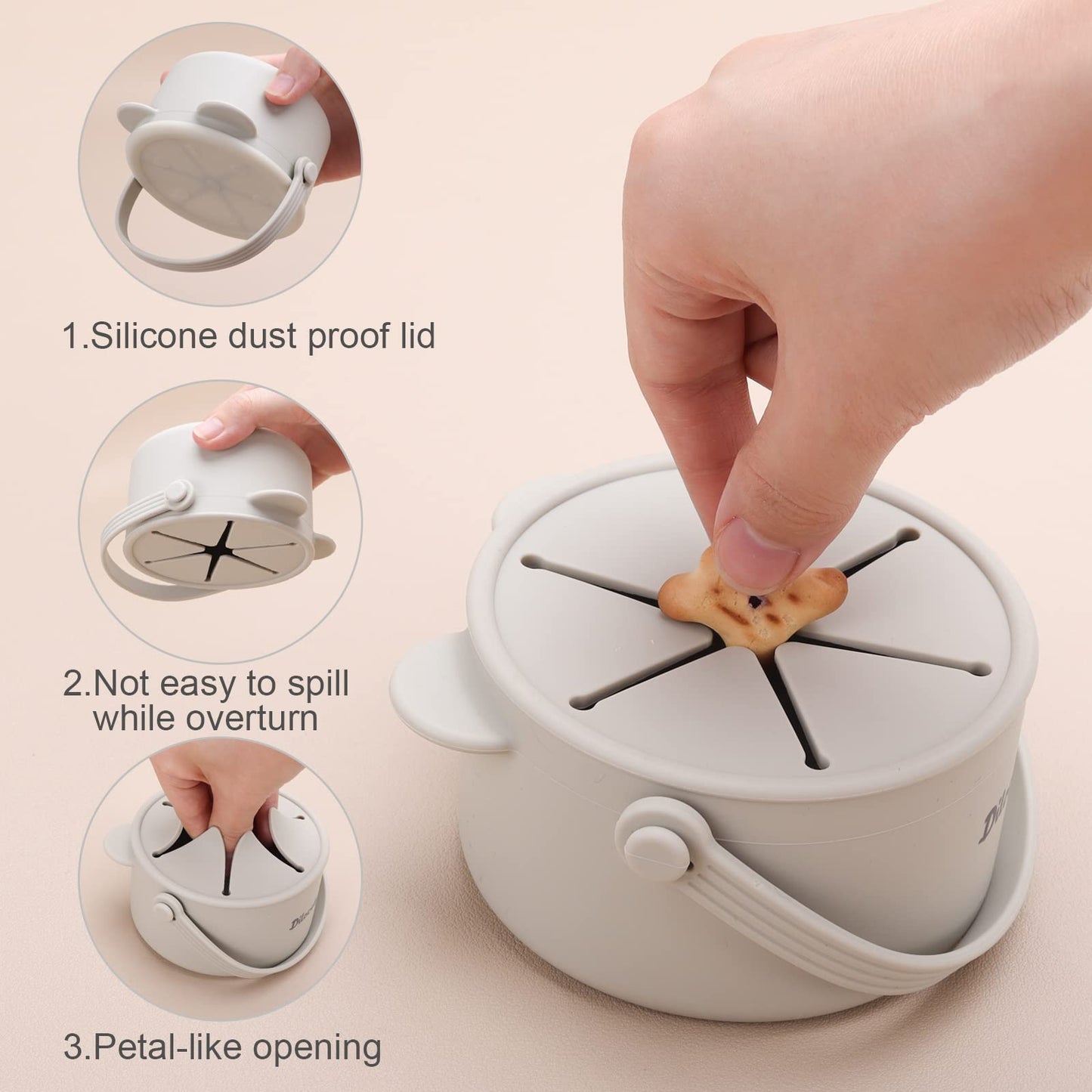 Dilovely Snack Cups for Toddlers, Silicone Snacks Containers, Baby Food Catcher Spill Proof, Kid Snacks Holder with DustProof Lid, 2 Pack Dishwasher Safe and BPA Free 9 Oz