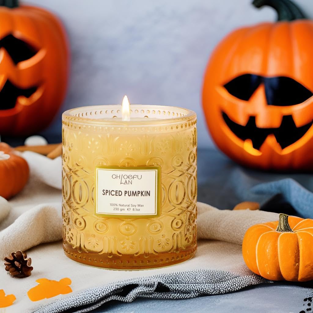 Chloefu LAN Fall Candles for Home Decor Spiced Pumpkin Candle for Halloween, Luxury Scented Soy Jar Autumn Candles with up to 55 Hour Long Lasting, Sweet Home Decor, Barn Fall Decor Pottery, 8.1 oz