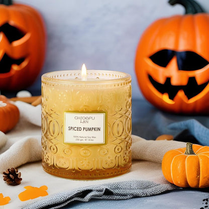 Chloefu LAN Fall Candles for Home Decor Spiced Pumpkin Candle for Halloween, Luxury Scented Soy Jar Autumn Candles with up to 55 Hour Long Lasting, Sweet Home Decor, Barn Fall Decor Pottery, 8.1 oz