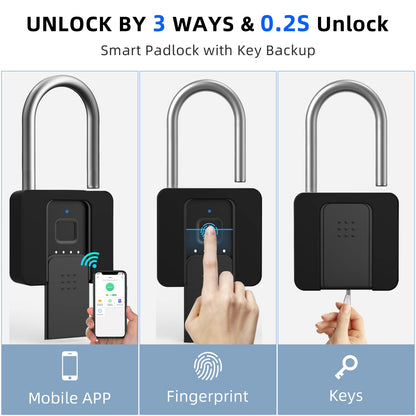 Fingerprint Padlock, Eseesmart Long Shackle Smart Padlock Bluetooth Lock with Mobile APP Outdoor Waterproof Lock with Protective Case for School Gym Locker, Fence, Gate, Toolbox