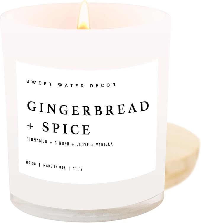 Sweet Water Decor Gingerbread and Spice Candle - Soy Cinnamon, Vanilla, Clove, Ginger Scented Gingerbread Candle for Christmas - 11oz White Jar with Wood Lid, 50+ Hour Burn Time, Made in The USA