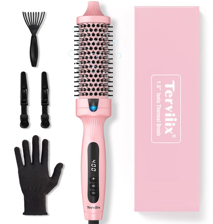 Terviiix Thermal Brush Get Voluminous Style, Quick Heating Hot Brush, Ceramic Tourmaline Ionic Heated Curling Iron, Digital Display 9 Temperatures Curling Wand, Dual Voltage, 1.5 Inch