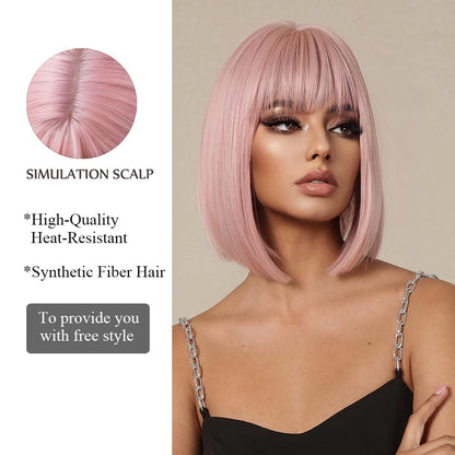 OUFEI Pink Bob Wig With Bangs Short Straight Wig For Women Synthetic Hair Wigs for Daily Party Cosplay Wear