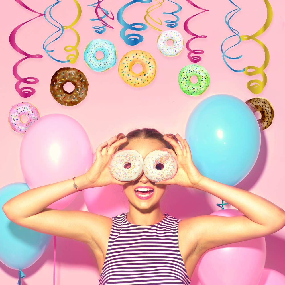 CC HOME 15Pack Donut Cake Hanging Swirls Doughnut Dessert Ceiling Streamer Birthday Party Decorations Donut Themed Party Favors for Holiday Baby Shower Home Decoration Party Supplies