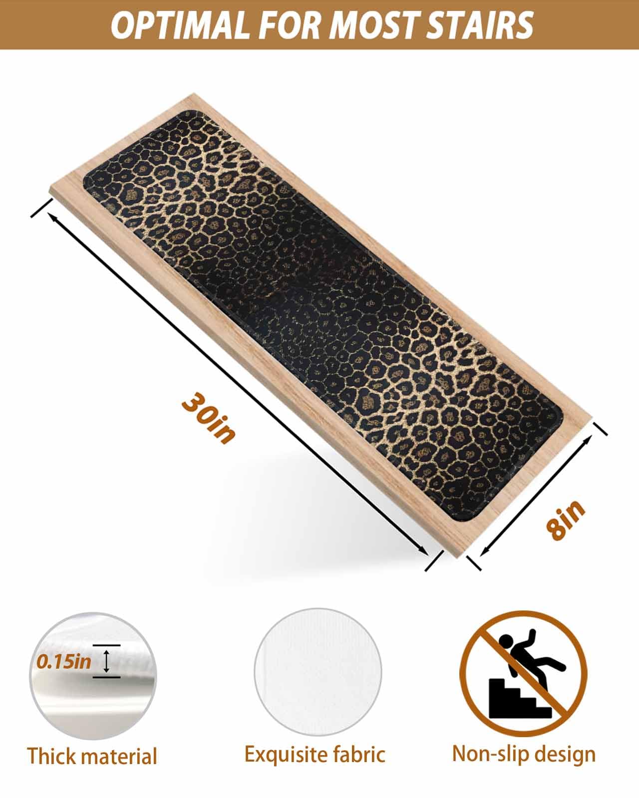 Leopard Print Stair Treads for Wooden Steps Indoor Runner Rug Carpet, Chic Abstract Black Brown Animals Texture 15 Pieces Peel and Stick Staircase Step Treads Covers Washable Throw Door Mats 30"x8"