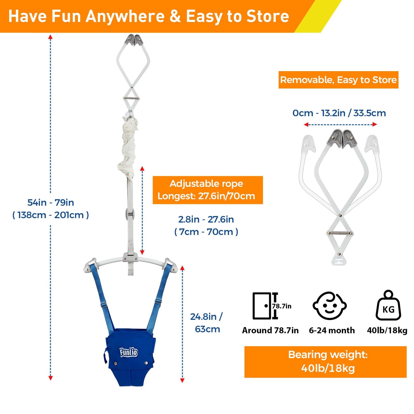 FUNLIO Baby Door Jumper for 6-24 Months (with Door Clamp), Baby Jumper Doorway with Strong Spring & Adjustable Strap, Portable Infant Baby Bouncer, Easy to Assemble, Bearing 40 Lbs, CPC & CE Certified