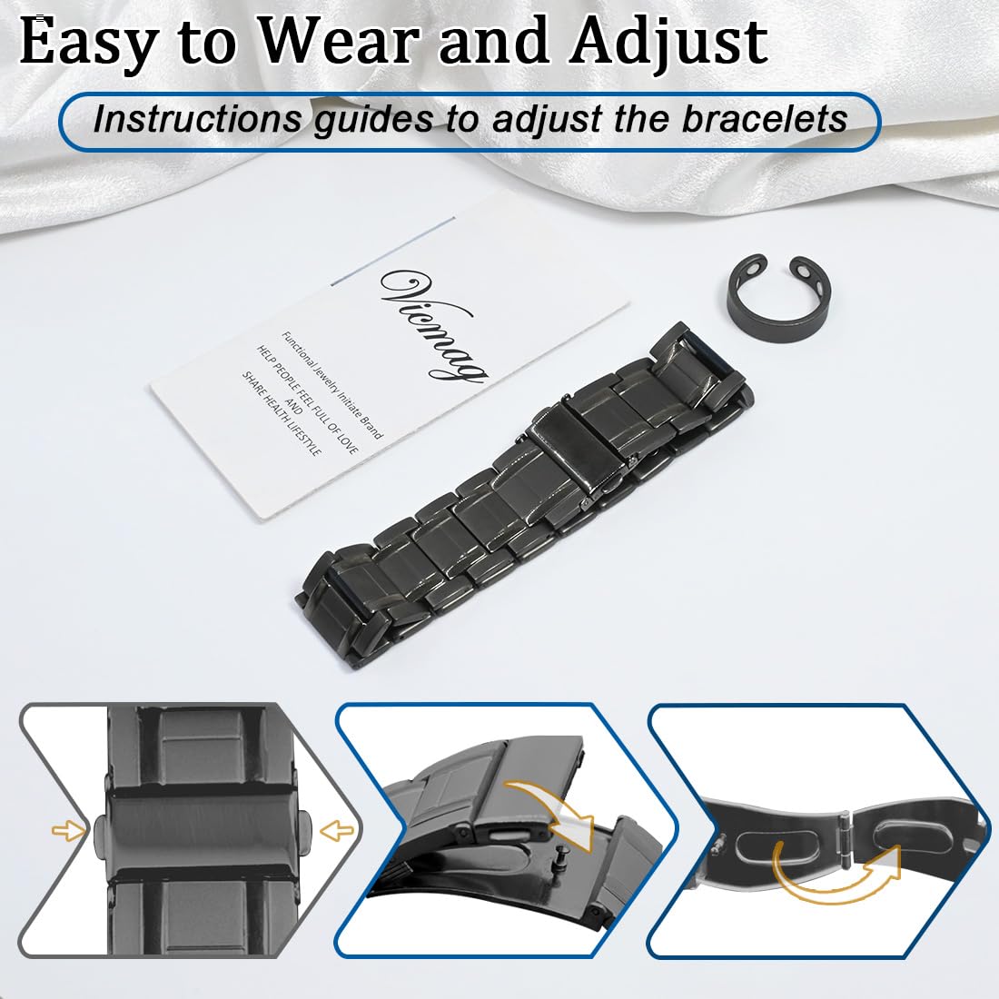 Vicmag 3X Magnetic Bracelet for Men Pure Titanium Bracelet 3500 Gauss Ultra Strength Magnets Adjustable Wristband with Adjustment Tool & Gift Box (Pure Titanium Grey)