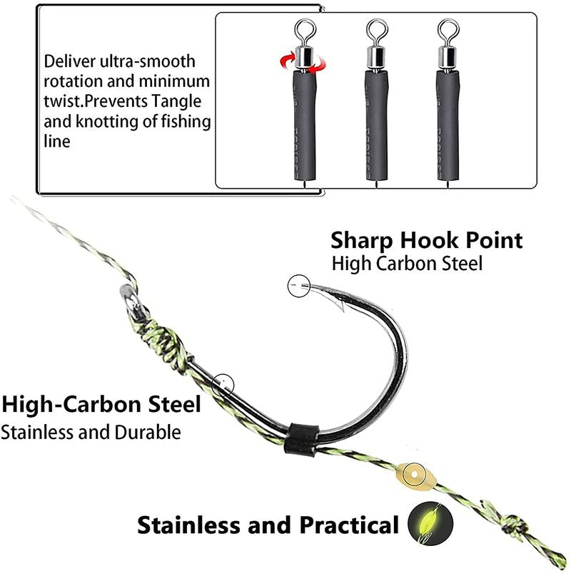 YOTO Carp Rig Set – 24Pcs High Carbon Steel Curved Barbed Hooks with Swivel, Hair Rig Design for Boilie Fishing, Braided Line Fishing Equipment, Size #6