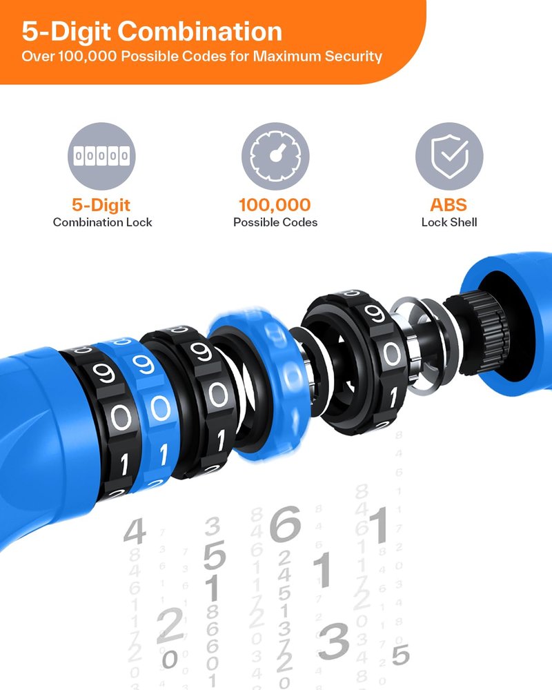 Sportneer Bike Lock: 5 Digit Combination High Security Anti Theft Bike Chain Lock - 3.2/3.6/4ft Heavy Duty Resettable Keyless Bicycle Lock for Bike, Motorcycle, Scooter, Door & Gate - 6mm Thick