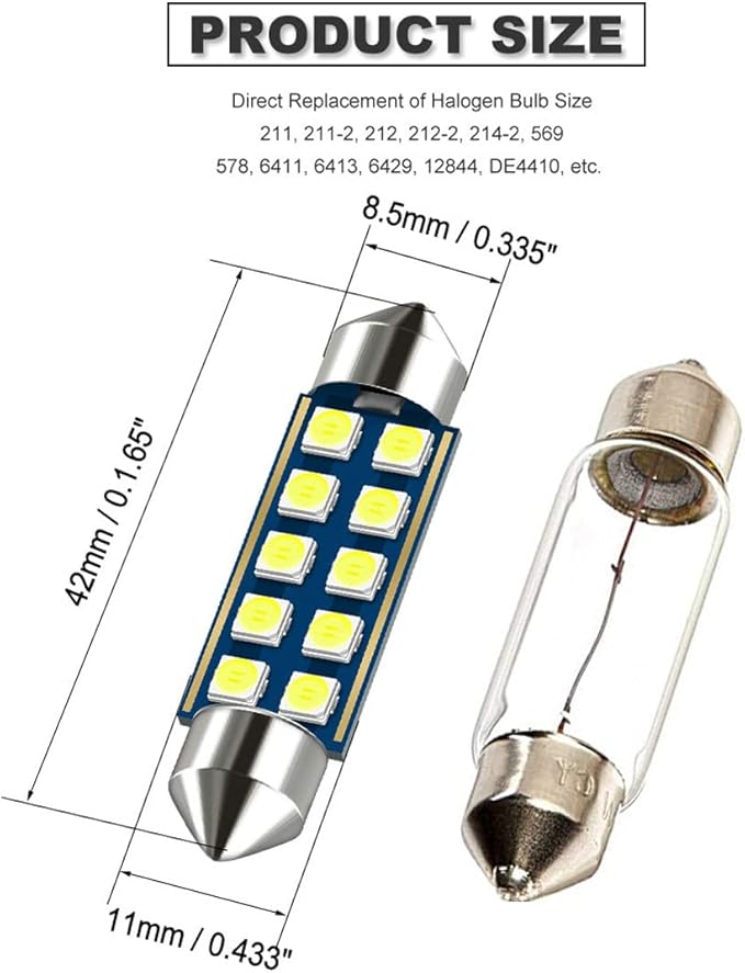 41MM 42MM Festoon 211-2 569 578 6411 6000K White Extra Bright LED Bulbs for Car Interior Lights License Plate Map Dome Trunk Door Courtesy Light 10-SMD Chipset Canbus Error Free