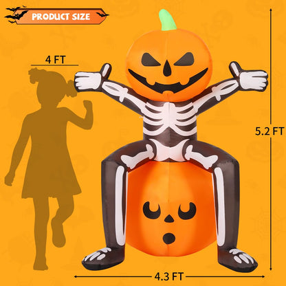 COMIN Halloween Inflatables 5FT Skull Skeleton Pumpkin Head with Built-in LEDs Blow Up Yard Decoration for Holiday Party Indoor, Outdoor, Yard, Garden, Lawn