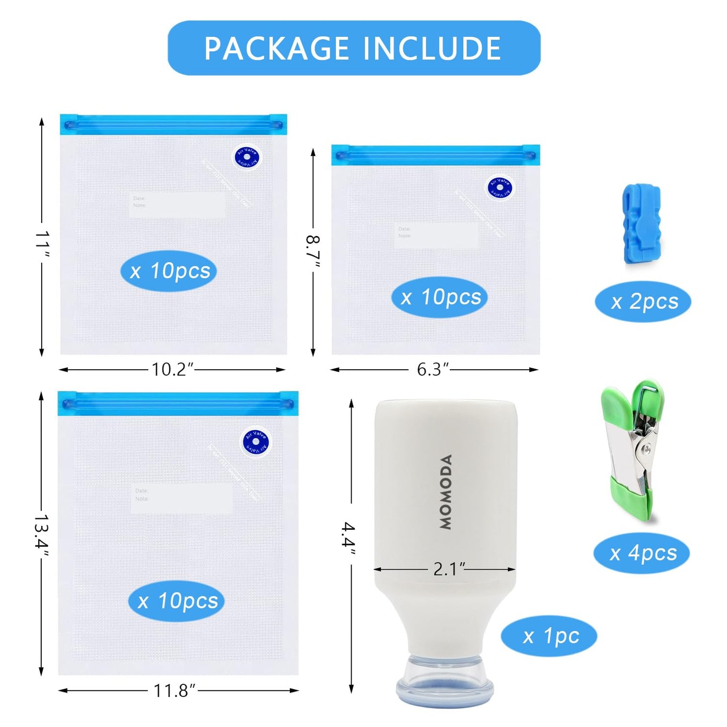 MOMODA Sous Vide Cooking Bags - Set of 40 | BPA-Free Reusable Vacuum Seal Bags with Air Valve for Joule and Anova Cookers | Freezer Safe Vacuum Food Storage Bags with Upgraded Hand Pump Included
