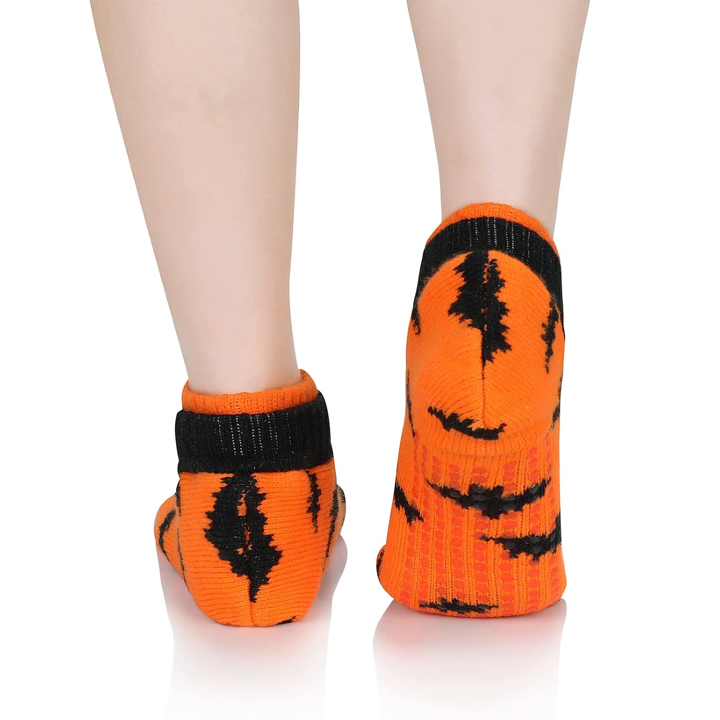 Fuzzy Socks for Women with Slippers Cute Halloween Accessories Christmas Warm Ankle Socks for Women Orange Bat 1 Pack