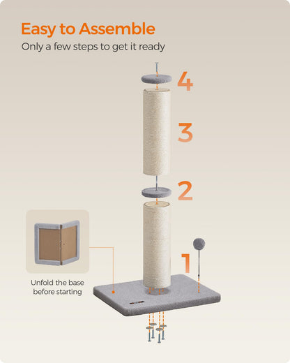 Feandrea Cat Scratching Post, 85 cm Tall Cat Scratcher for Medium and Large Cats, Furniture Scratching Deterrent Sisal Scratch Pole, Spring Pompom with Built-in Bell, Dove Grey PCA041G01