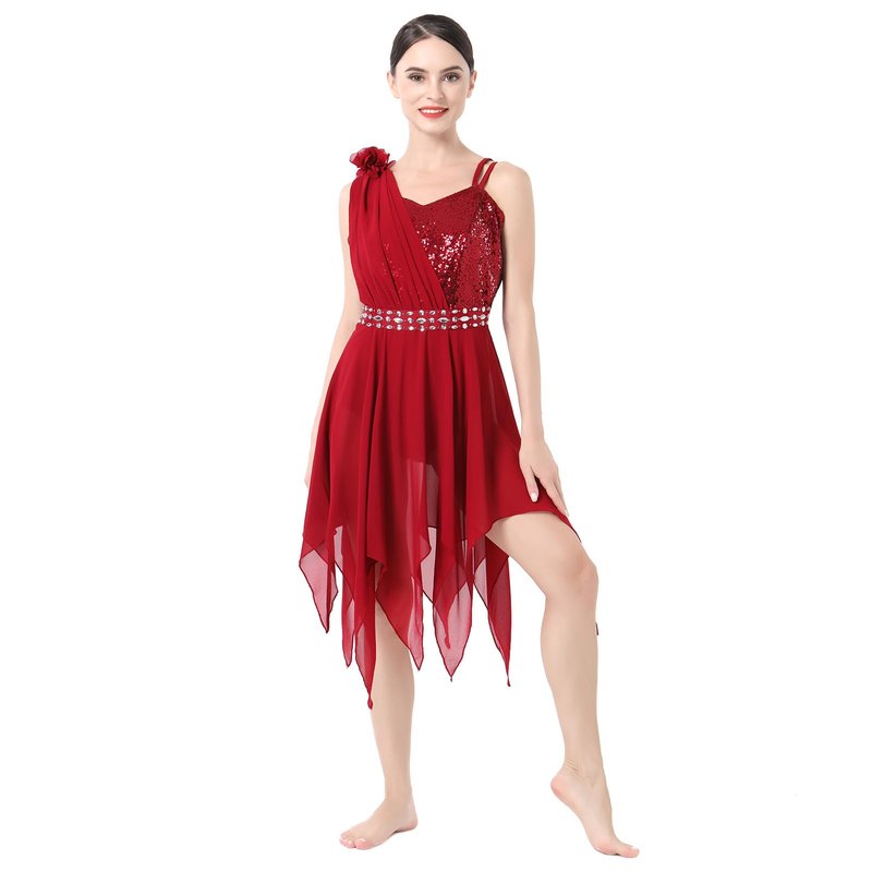 IBAKOM Lyrical Dance Dress for Women One Shoulder Flower Strap Shiny Sequins Contemporary Dance Costume Asymmetrical Chiffon Skirt Ballerina Salsa Ballroom Flowy Dresses Red Strap L