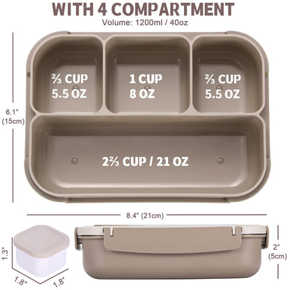 Bento Box Adult Lunch Box, Containers for Adults Men Women with 4 Compartments, Lunchable Food Container with Utensils, Sauce Jar, Muffin Liners, 40 Oz/5 Cup, Microwave & Dishwasher Safe, Brown